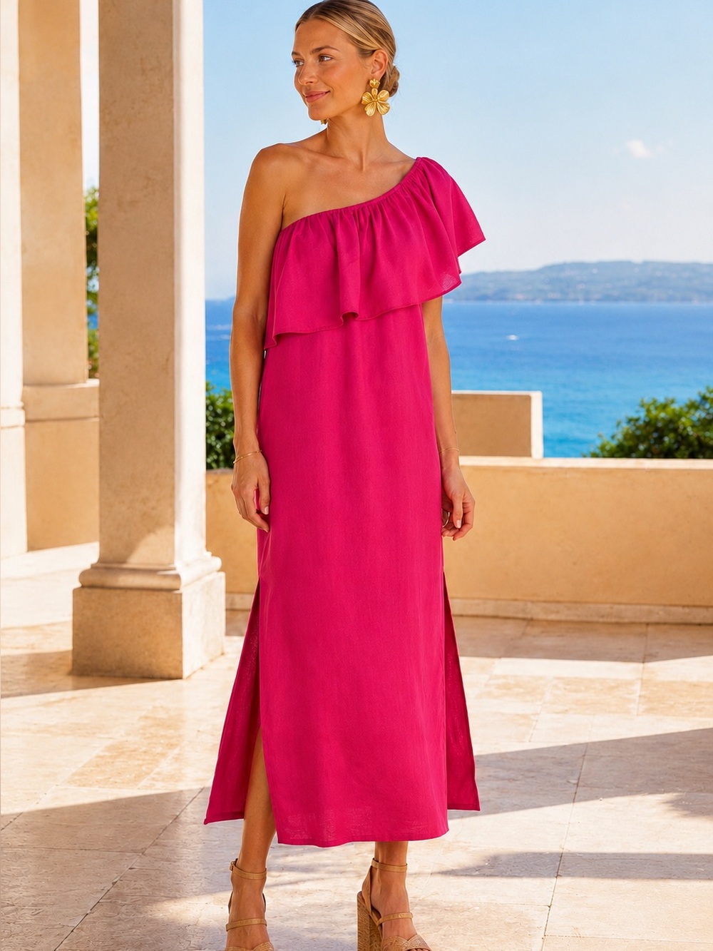 Pomander Place Florencia One Shoulder Midi Dress Fuchsia L